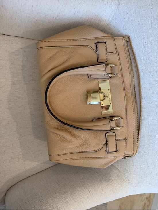 Calvin Klein Handbags - Calvin Klein Statement Series Tan Pebble Leather Satchel with Gold Lock
